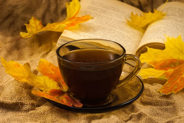 Herbstkomposition Tasse Kaffee Mit Buch Über Den Herbst Hintergrund Herbst — Stockfoto