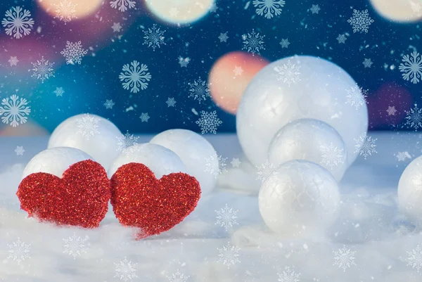 Two Beautiful Romantic Vintage Red Hearts Together Beautiful Snow Winter — ストック写真