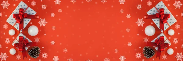 Vrolijk Kerstfeest Vrolijke Feestdagen Wenskaart Frame Banner Dennenappel Decoratieve Sneeuwballen — Stockfoto