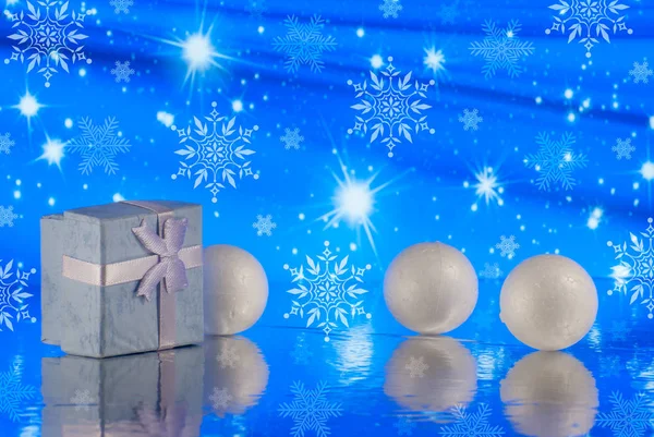 Christmas Composition Gift Present Box Decorative Snowballs Holiday Lights — ストック写真