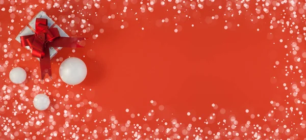 Karácsonyi Vörös Háttér Ajándék Vagy Jelen Doboz Nyaralás Dekoráció Felső — Stock Fotó