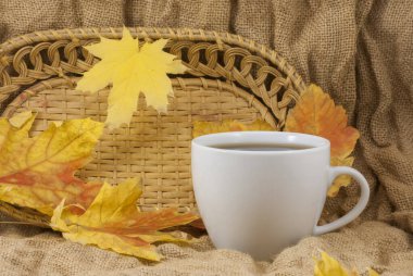 Sonbahar kompozisyonu. Bir fincan kahve, arka planda kurumuş yapraklar. Sonbahar zarif konsepti. Kapat.