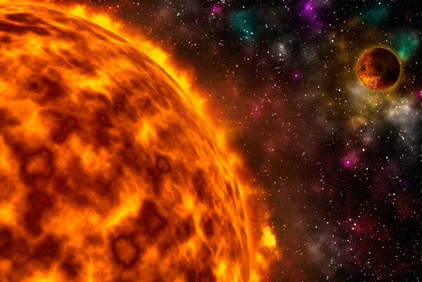 Sun star burning with fiery intensity and planet. Red, yellow and orange fusion reaction from the hot gases
