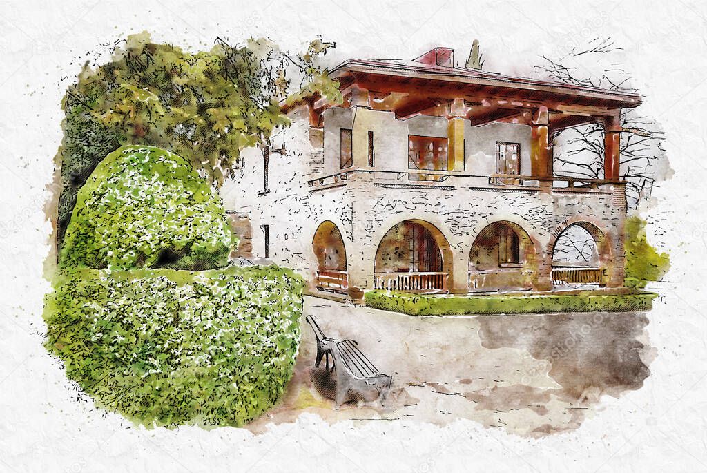 Watercolor sketch or illustration of Tsinandali Palace and garden, Chavchavadze House Museum. Kakheti, Georgia