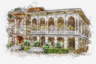 Chavchavadze Müzesi, Tsinandali Sarayı ve Bahçesi 'nin suluboya çizimi ya da çizimi. Kakheti, Gürcistan