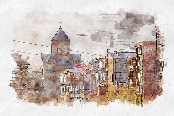 Schizzo Acquerello Illustrazione Della Vecchia Tbilisi Con Chiesa Metechi Balconi — Foto Stock