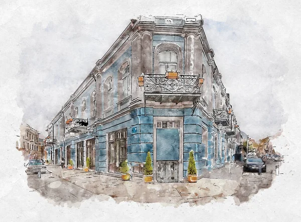Schizzo Acquerello Illustrazione Della Tradizionale Architettura Urbana Europea Tbilisi Capitale — Foto Stock