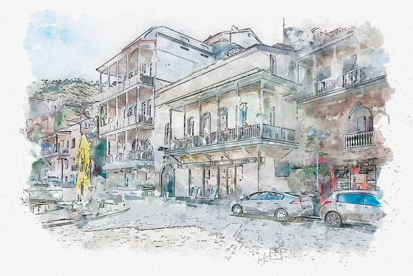 Schizzo Acquerello Illustrazione Della Tradizionale Architettura Urbana Europea Tbilisi Capitale — Foto Stock