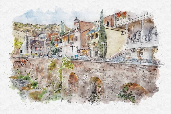 Aquarellskizze Oder Illustration Der Traditionellen Europäischen Stadtarchitektur Tiflis Hauptstadt Georgiens — Stockfoto