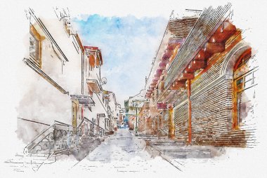 Tiblis 'teki geleneksel Avrupa kentsel mimarisinin suluboya çizimi veya çizimi. Georgia 'nın başkenti