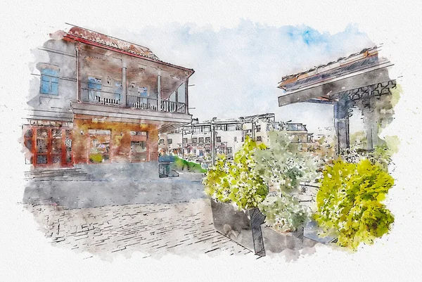 Dibujo Acuarela Ilustración Arquitectura Urbana Europea Tradicional Tiflis Capital Georgia — Foto de Stock