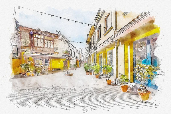 Dibujo Acuarela Ilustración Arquitectura Urbana Europea Tradicional Tiflis Capital Georgia — Foto de Stock