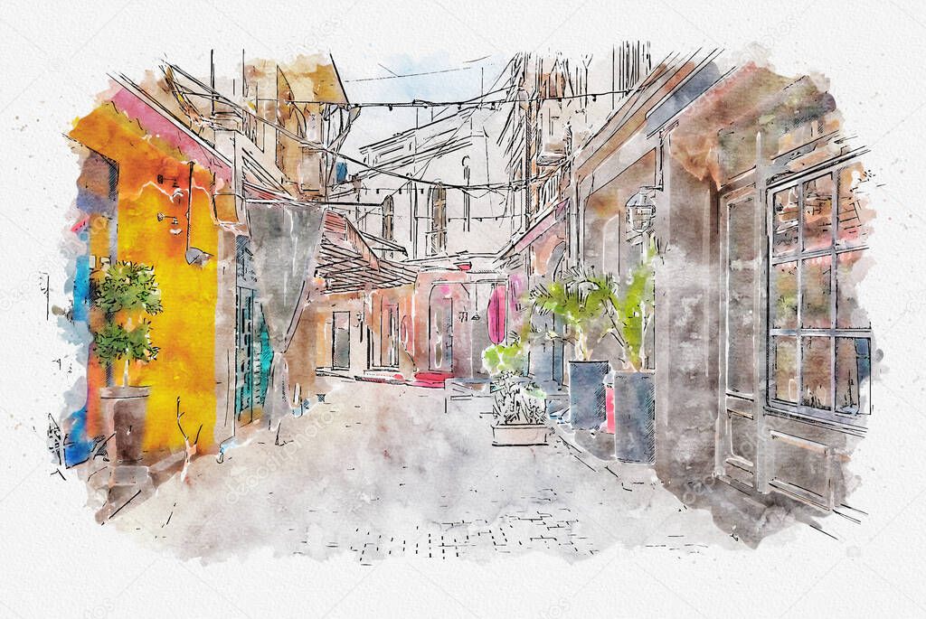 Watercolor sketch or illustration of the traditional European urban architecture in Tbilisi. Capital of Georgia
