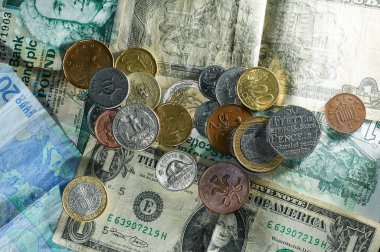 Para sikke ve doku bir sürü farklı ülke notları