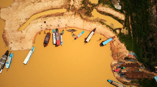 Aerial view of boats in Siem-Reap Tonle Sap Cambodia