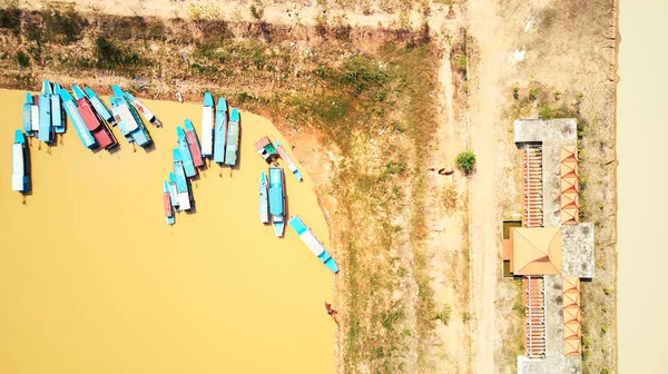 Aerial view of boats in Siem-Reap Tonle Sap Cambodia