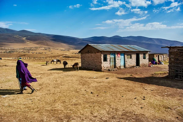 Isolated house and walking Masai in Crater Highlands Tanzania mountains