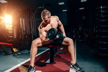 Pazı üzerinde eğitim salonunda dumbbells ile egzersizleri yapıyor banktaoturuyor profesyonel vücut geliştirmeci, vücut geliştirmeci. Büyük bir eğitim kaslı bir adam. Motivasyon. Göğüs kasları.