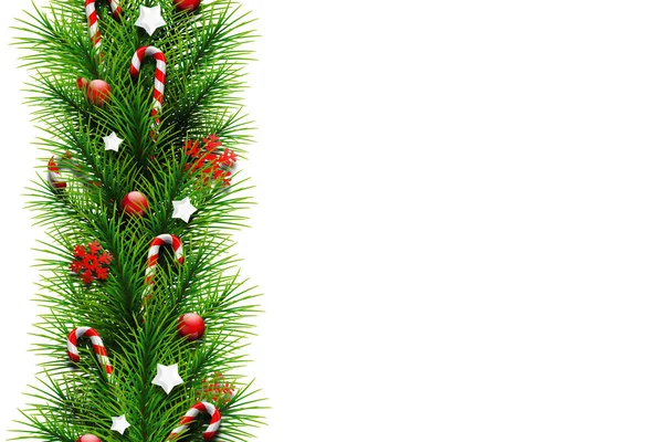 Tarjeta Navidad Ramas Verdes Realistas Árbol Navidad Decoradas Con Bolas — Foto de Stock