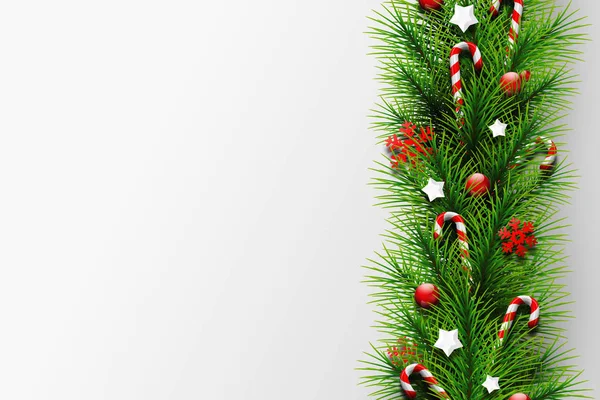Tarjeta Navidad Ramas Verdes Realistas Árbol Navidad Decoradas Con Bolas —  Fotos de Stock