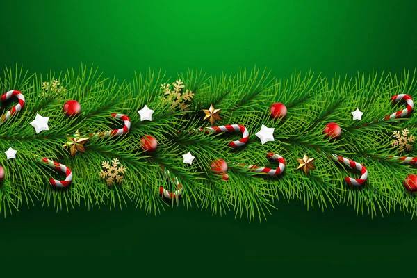 Christmas card, realistic green branches of a Christmas tree, decorated with balls, stars, candy and snowflakes on a green background. Merry Christmas and a happy new year. Flat lay, copy space