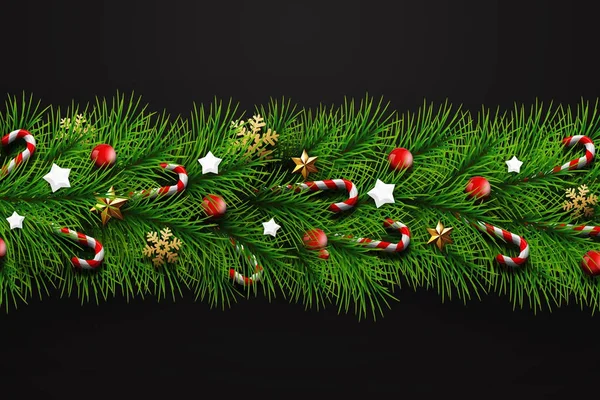 Christmas card, realistic green branches of a Christmas tree, decorated with balls, stars, candy and snowflakes on a black background. Merry Christmas and a happy new year. Flat lay, copy space
