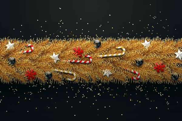 Christmas Card Realistic Golden Branches Christmas Tree Balls Candy Snowflakes — Stock Photo, Image
