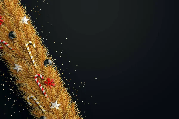 圣诞贺卡 金色的树枝与球 新年快乐 圣诞愉快 复印空间 — 图库照片