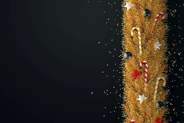 Kartki Świąteczne Realistyczne Złote Gałęzi Choinki Kulki Słodycze Płatki Śniegu — Zdjęcie stockowe