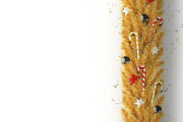 Noel Kartı Gerçekçi Altın Toplar Şeker Kar Taneleri Ile Noel — Stok fotoğraf