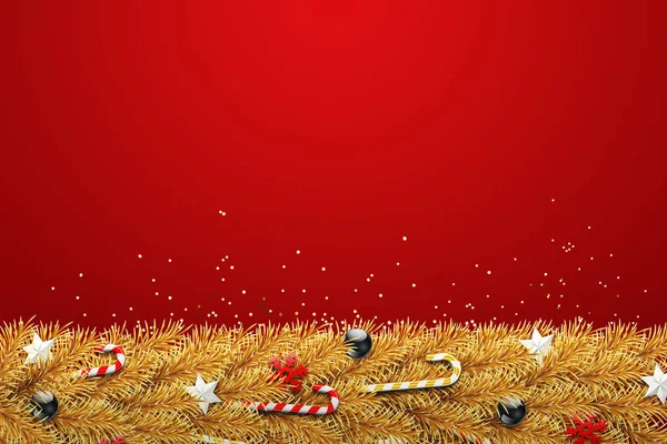 Tarjeta Navidad Realistas Ramas Doradas Árbol Navidad Con Bolas Dulces —  Fotos de Stock