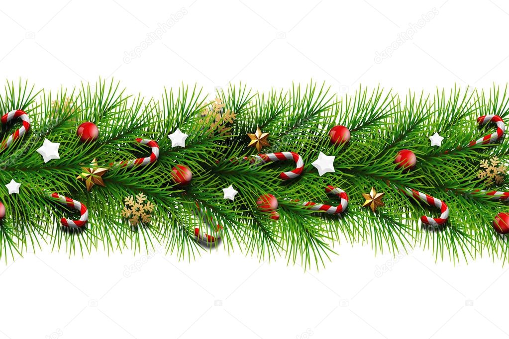 Christmas card, realistic green branches of a Christmas tree, decorated with balls, stars, candy and snowflakes on a white background. Merry Christmas and a happy new year. Flat lay, copy space