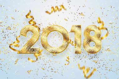 2018 mutlu yeni yıl. Tebrik kartı altın numaraları tasarımı. Altın parlayan desen. Happy New Year Banner parlak zemin üzerine 2018 sayılarla. konfeti