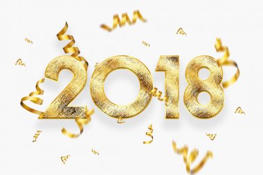 2018 mutlu yeni yıl. Tebrik kartı altın numaraları tasarımı. Altın parlayan desen. Happy New Year Banner parlak zemin üzerine 2018 sayılarla. konfeti