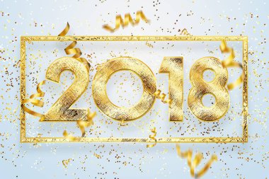 2018 mutlu yeni yıl. Tebrik kartı altın numaraları tasarımı. Altın parlayan desen. Happy New Year Banner parlak zemin üzerine 2018 sayılarla. Altın Çerçeve ve konfeti