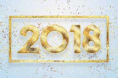 2018 mutlu yeni yıl. Tebrik kartı altın numaraları tasarımı. Altın parlayan desen. Happy New Year Banner parlak zemin üzerine 2018 sayılarla. Altın Çerçeve ve konfeti