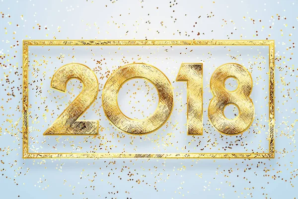 2018 mutlu yeni yıl. Tebrik kartı altın numaraları tasarımı. Altın parlayan desen. Happy New Year Banner parlak zemin üzerine 2018 sayılarla. Altın Çerçeve ve konfeti