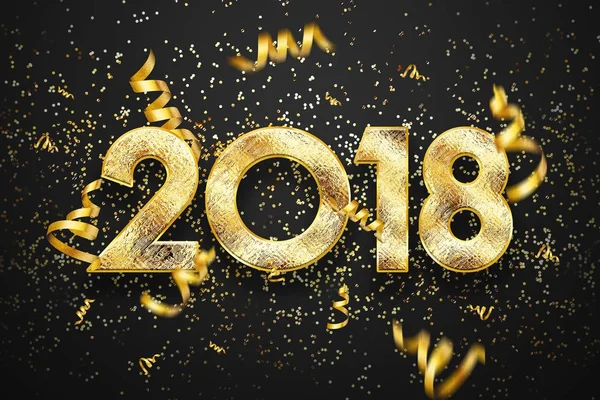 2018 新年あけましておめでとうございます グリーティング カードのゴールド番号デザイン 輝く金のパターン 黒の明るい背景に 2018 数字で幸せな新年バナー — ストック写真