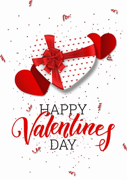 幸せなバレンタインデーのお祭り Web バナー ギフト用の箱とロマンチックな組成 心臓の形で紙吹雪の平面図です 明るい背景 ロマンス — ストック写真