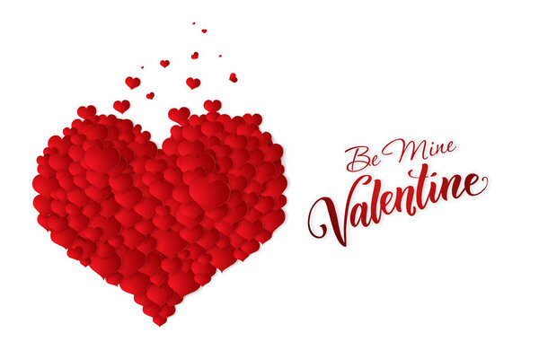 Happy Valentine's Day festive web banner. Romantic composition with a big heart made up of small hearts on a white background.