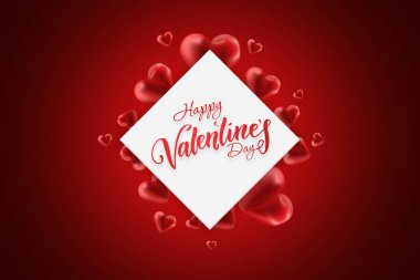 Mutlu Sevgililer günü web afiş. Kırmızı Kalpler ve merkezi kırmızı bir arka plan üzerinde beyaz bir rhombus kompozisyonu. El ilanı, posta kartı, davet, illüstrasyon.