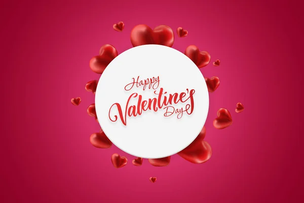 Happy Valentine\'s Day web banner. Composition with red hearts and white circle in the center on a pink background. Flyer, postcard, invitation, illustration.