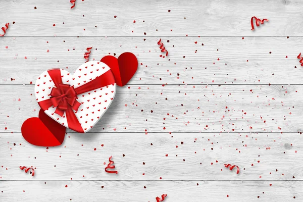 情人节快乐的节日网络横幅 顶部的一个浪漫的组合与礼品盒 五彩纸屑的形式 一颗心 浅色背景 — 图库照片