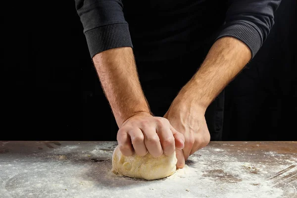 Male Hands Chef Close Knead Dough Cook Dough Dark Background — Stock Photo, Image