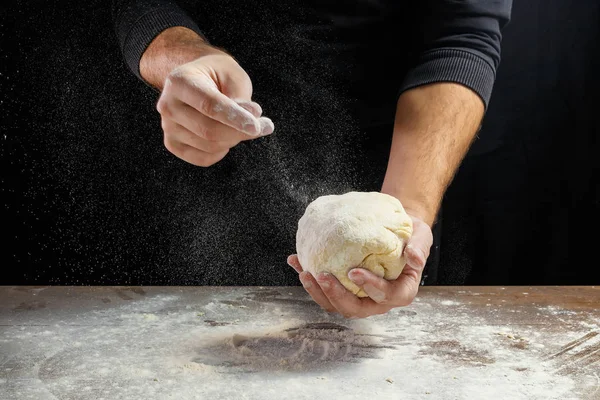 Male Hands Chef Close Knead Dough Cook Dough Dark Background — Stock Photo, Image