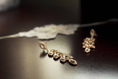 Bej renkli arka plan üzerinde İncili güzel küpe