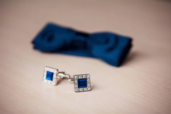 Férfi Tartozékok Nyakkendő Esküvői Gyűrűk Mandzsettagombokat Textil Háttér — Stock Fotó