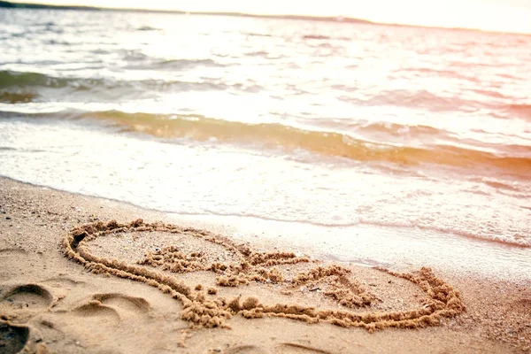 Loving Couple Draws Heart Sand Beach Stock Image