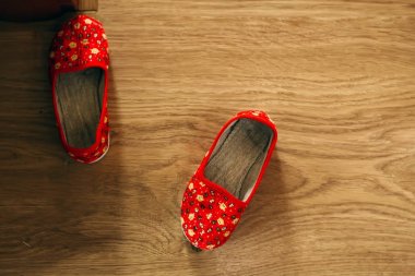 Ahşap arka plan üzerinde renkli çocuk Lastik Sandaletler, üstten görünüm