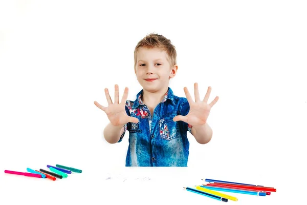 Boy Years Blue Shirt Shows His Palms Camera White Background — Stock Photo, Image